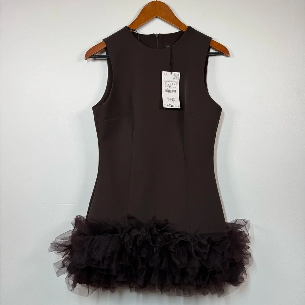 Zara Tulle Dress With‎ Voluminous Hem in Mocha Brown - Picture 2 of 8